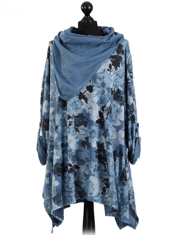 Italian Lagenlook Floral Print Tunic Top With Scarf-Denim