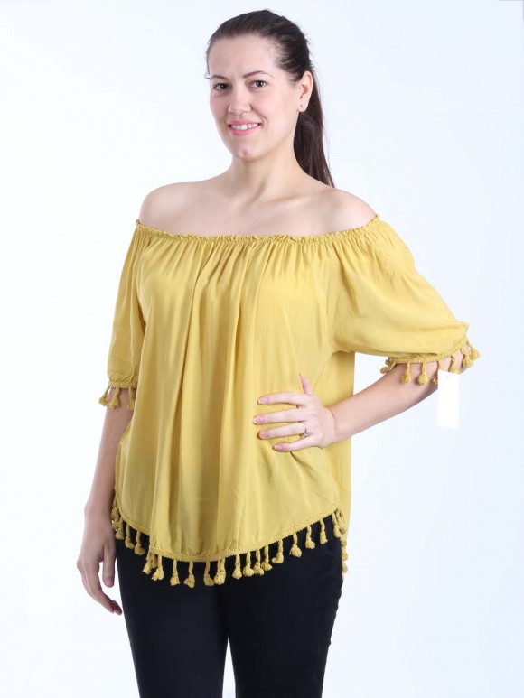 Italian Lagenlook Off Shoulder Pom Pom Hem Top-Mustard 1