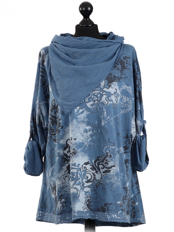 Italian Lagenlook Printed Sequin Hem Tunic Top-Denim