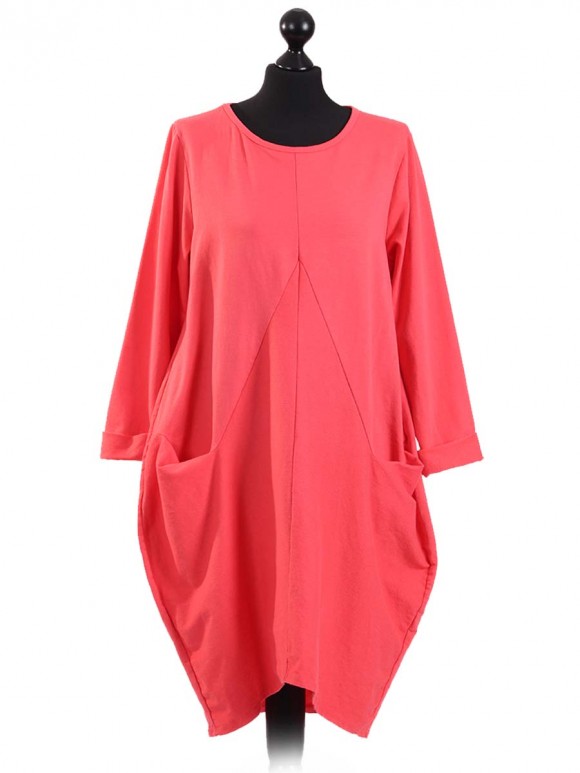 Italian Lagenlook Front Pocket Dress-Coral