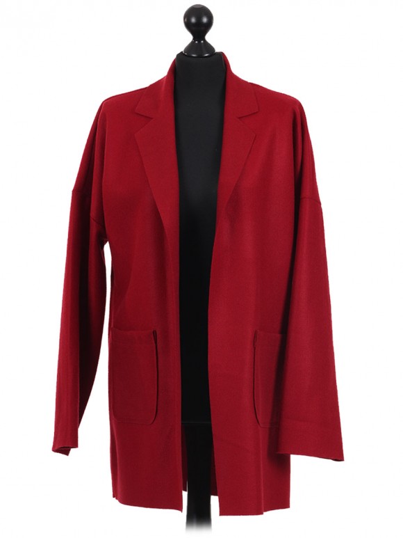 Italian Lapel Collar Long Sleeves Front Pocket Coat Maroon