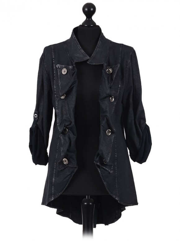 Italian Leather Effect Long Collar With Metal Buttons Jacket black