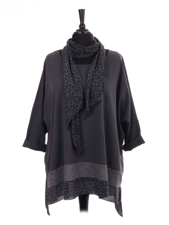 Italian Leopard Print and Glittery Panel Batwing Top with Scarf