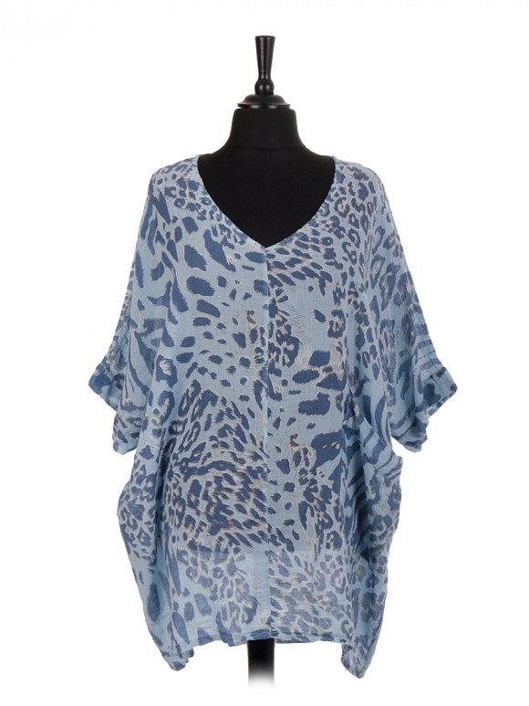 Italian Linen Animal Print Batwing Top With Front Pocket