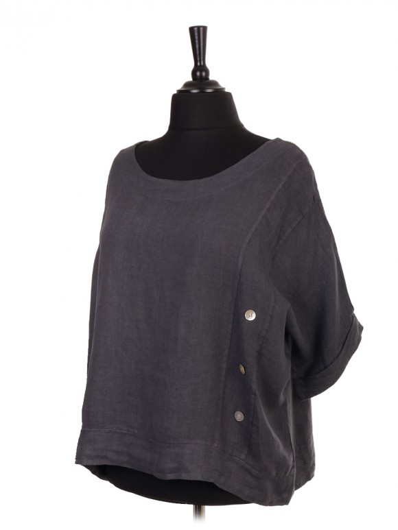 Italian Linen Batwing Crop Top With Side Button Panel