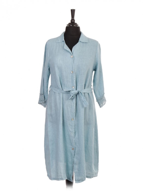 Italian Linen Belted Shirt Dress with Crochet sleeves