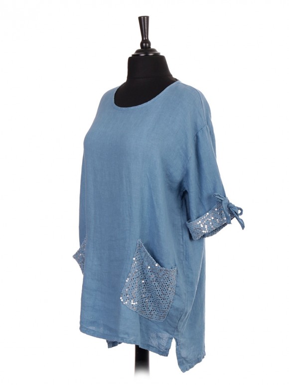 Italian Linen Crochet and Sequin Pocket High Low Top