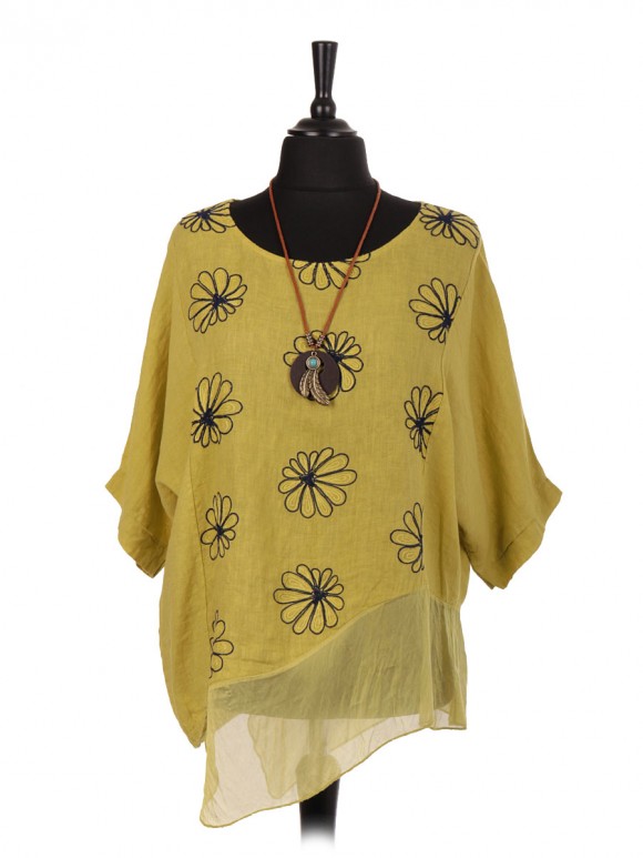 Italian Linen Embroidered Asymmetrical Hem Top with Necklace