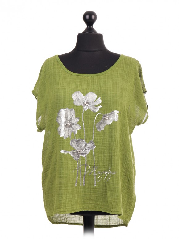 Italian Glossy Floral Print Top With Beads