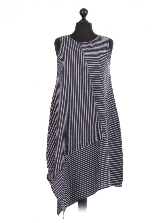 Italian Linen Stripe Asymmetric Cut  Sleeveless Dress