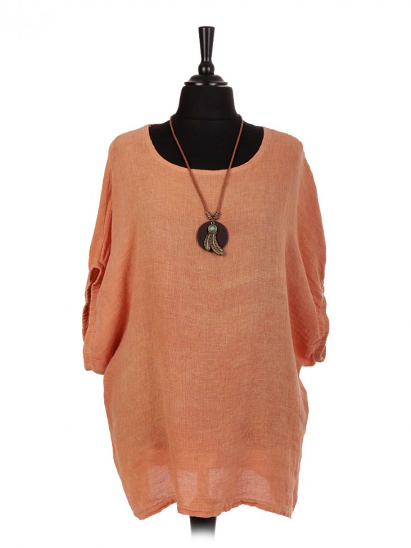 Italian Linen Cold Dye Top With Necklace and Elasticated Sleeves