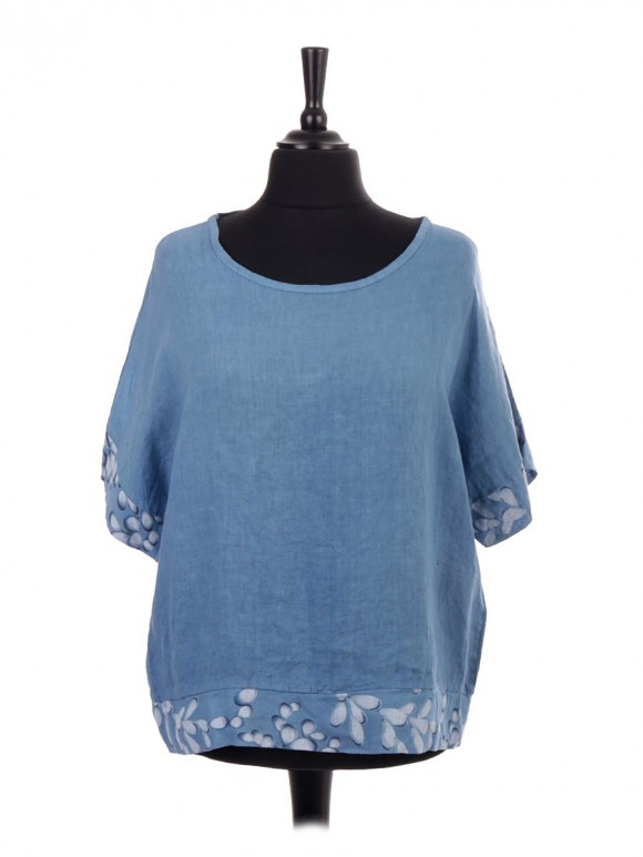 Italian Linen Top With Printed Panel On Sleeves And Hem