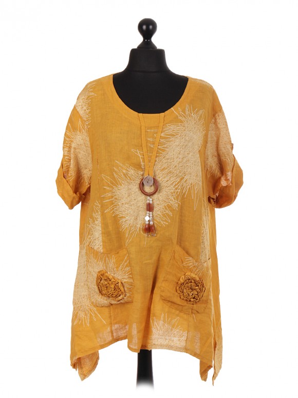Italian Linen Tunic Top With Applique Floral Pockets