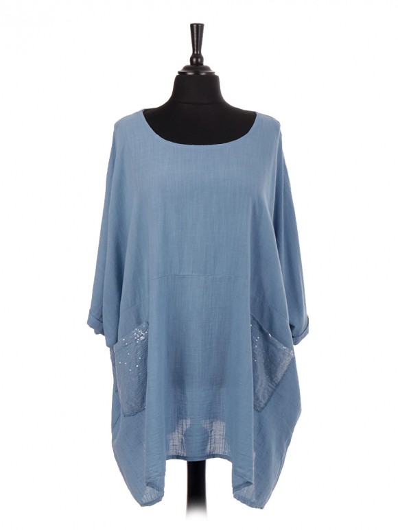 Italian Oversized Cotton Batwing Top With Sequin Pockets