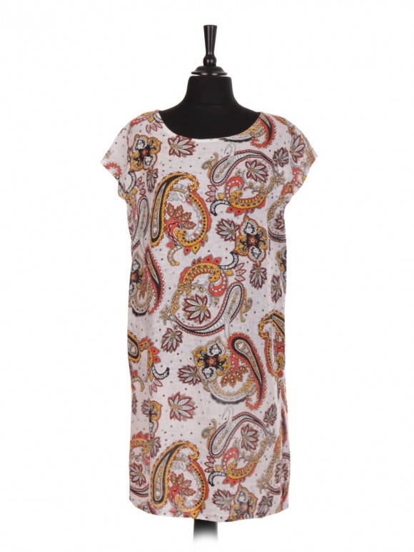 Italian Paisley Print Linen Dress With Side Pockets