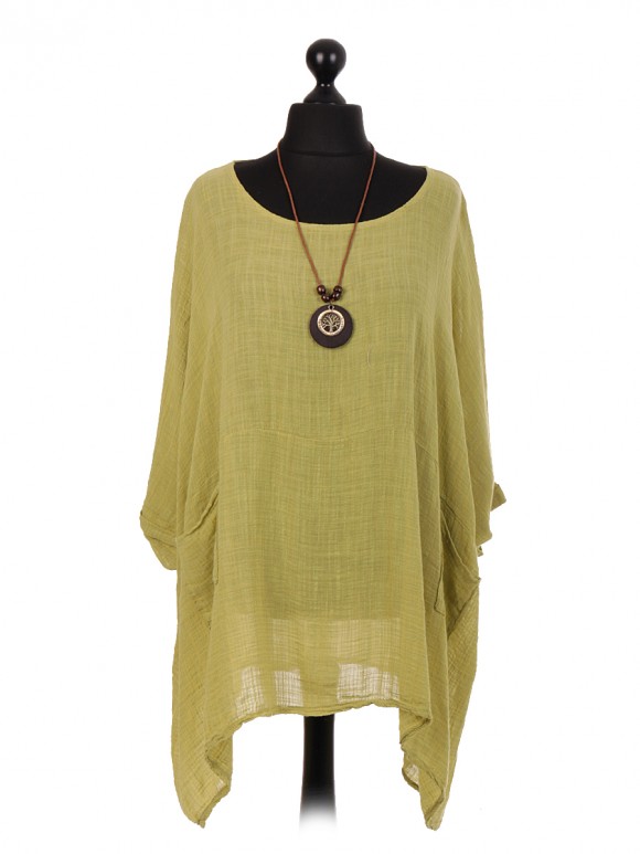 Italian Plain Batwing Top With Front Pockets and Necklace