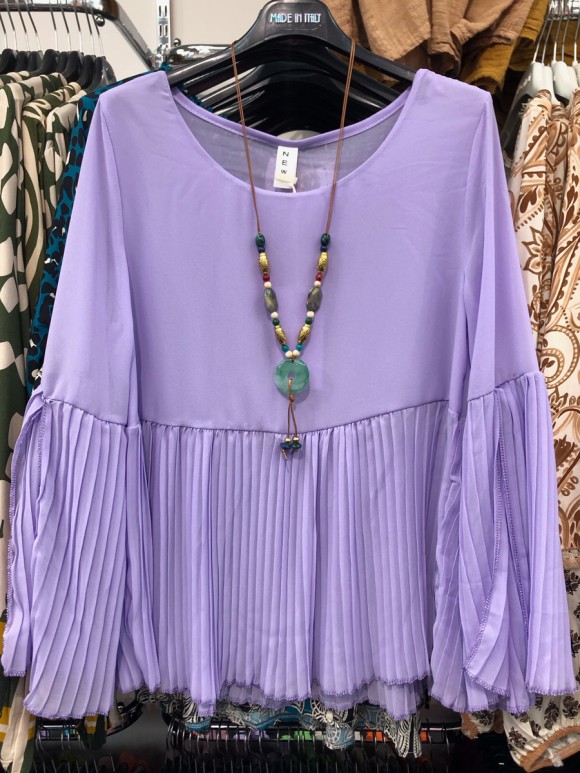 Italian Pleated Detail Chiffon Blouse With Necklace