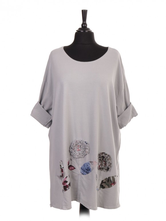 Italian Plus Size Applique Floral Cotton Top