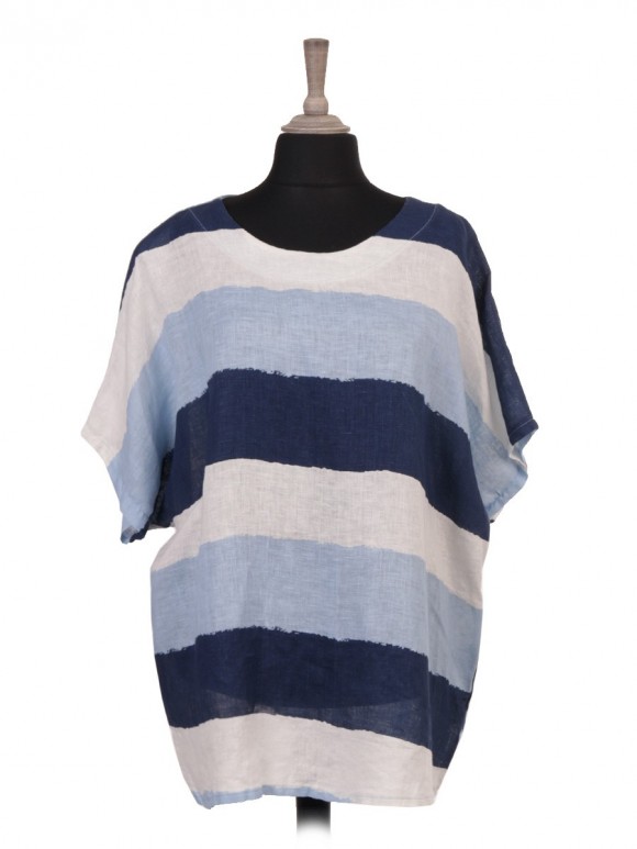 Italian Plus Size Colour Block Print Batwing Linen Top