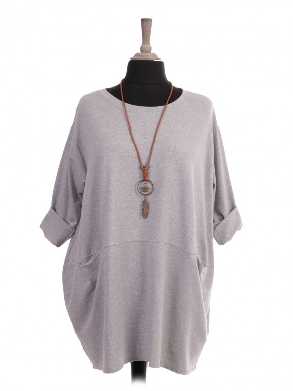 Italian Plus Size Cotton Top With Front Pockets And Necklace