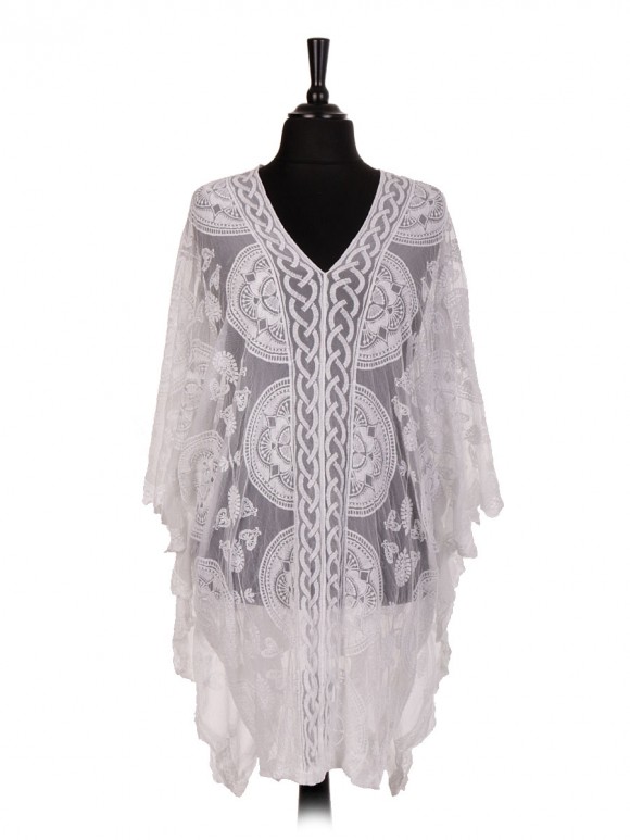 Italian Plus Size Net Embroidered Kimono Cover Up Top