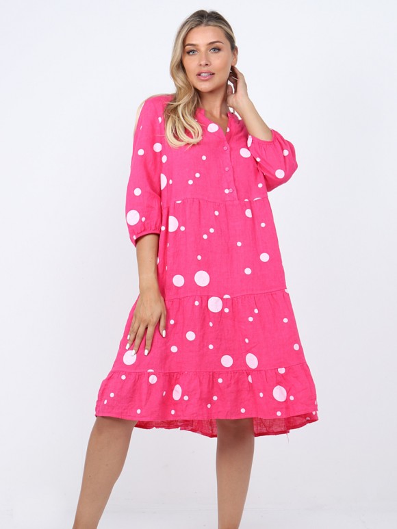 Italian Polka Dot Tiered Flared Linen Dress