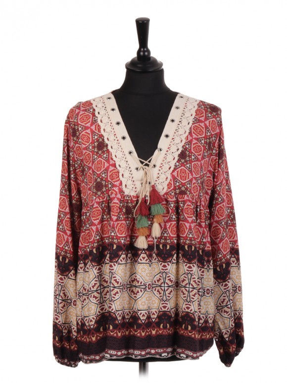 Italian Printed Multicolor Tassel Tie Neck And Lace Detail Top