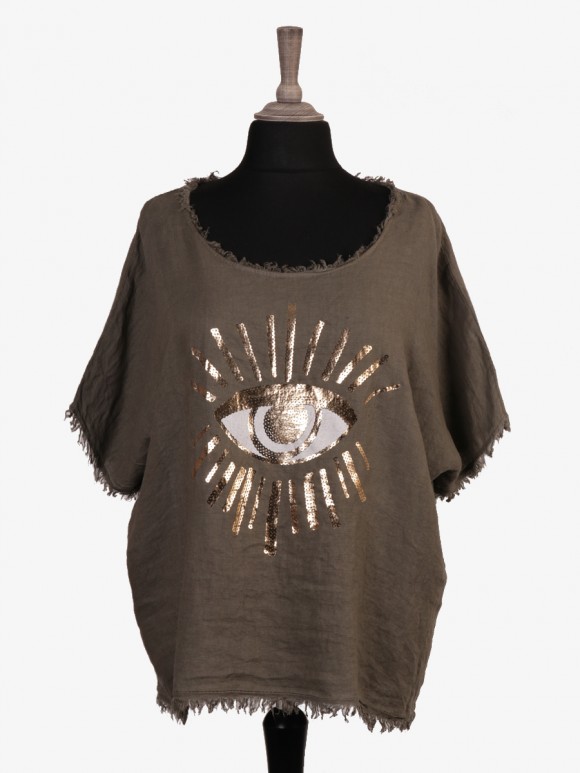 Italian Raw Edge Foil Eye Print Linen Top