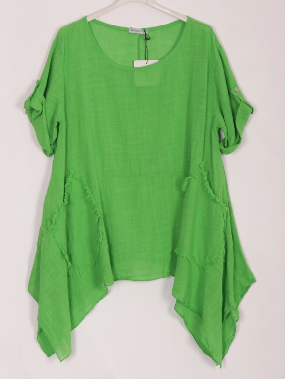 Italian Raw Edge Pockets Detail Cotton Tunic Top