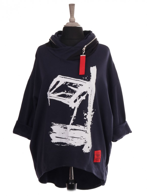 Italian Red Label Zip Hooded Abstract Print Dip Hem Sweat Top