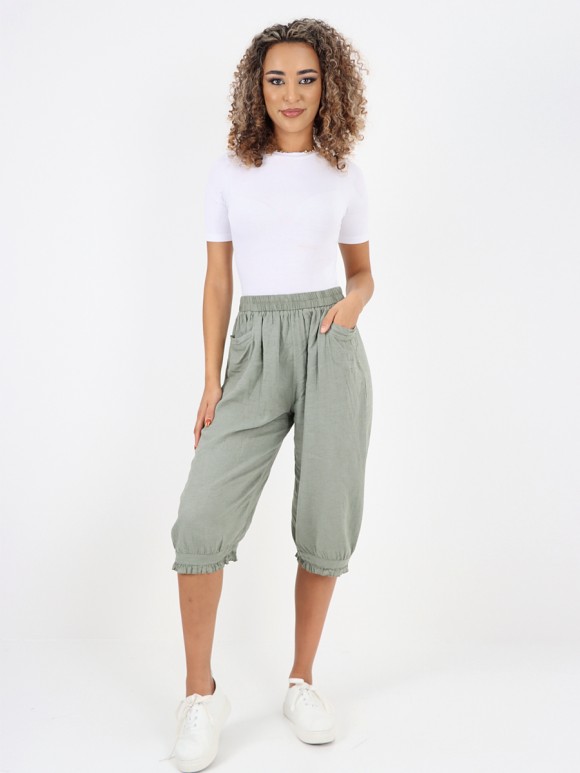 Italian Ruffled Hem Relaxed Fit Linen Capri Trousers