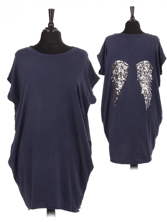 Italian Sequin Embellished Angel Wing Back Dip Hem Top