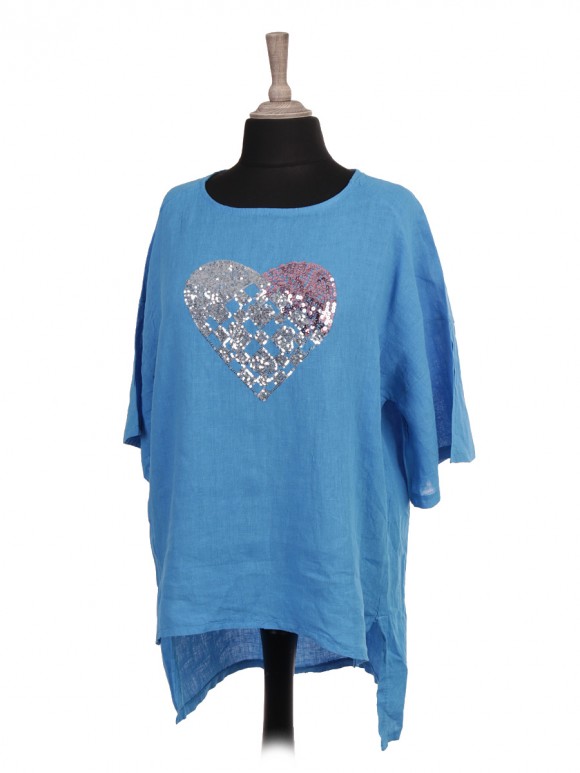 Italian Sequin Heart High Low Linen Top