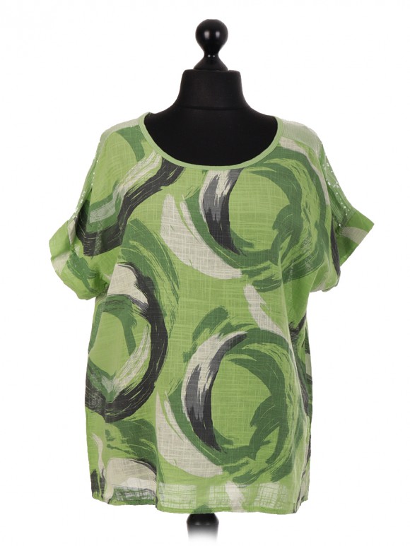 Italian Sequin Shoulder Brush Stroke Print Top