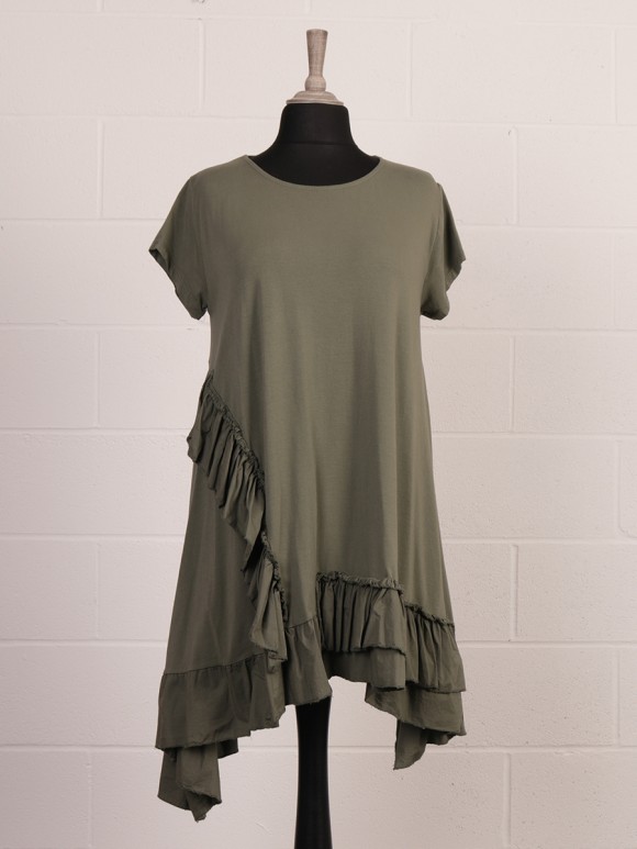 Italian Short Sleeves Frilled Hem Tunic Dress