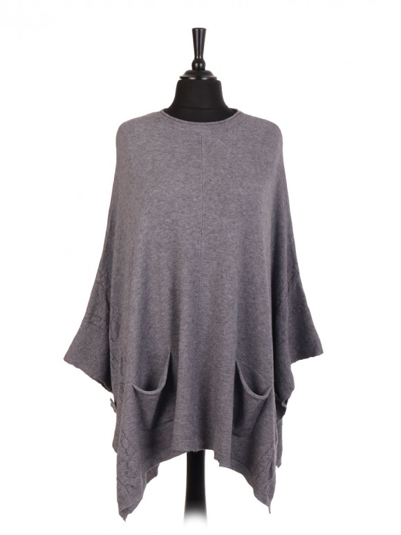 Italian Side Button Cable Knit Poncho With Front Pocket