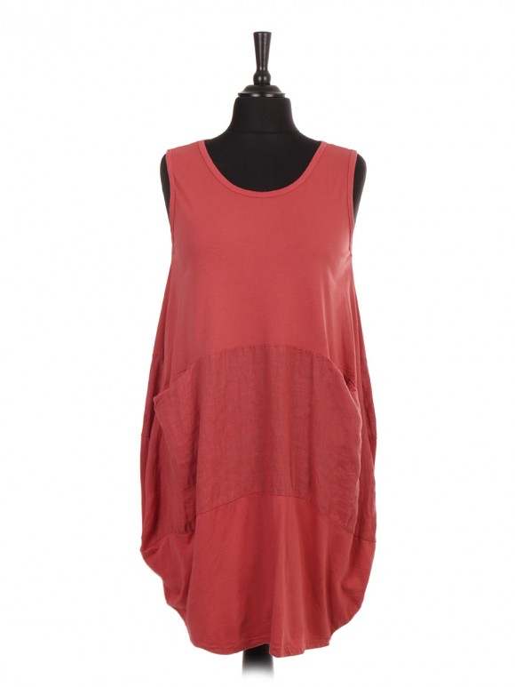 Italian Sleeveless Lagenlook Dress With Linen Patch and Pockets