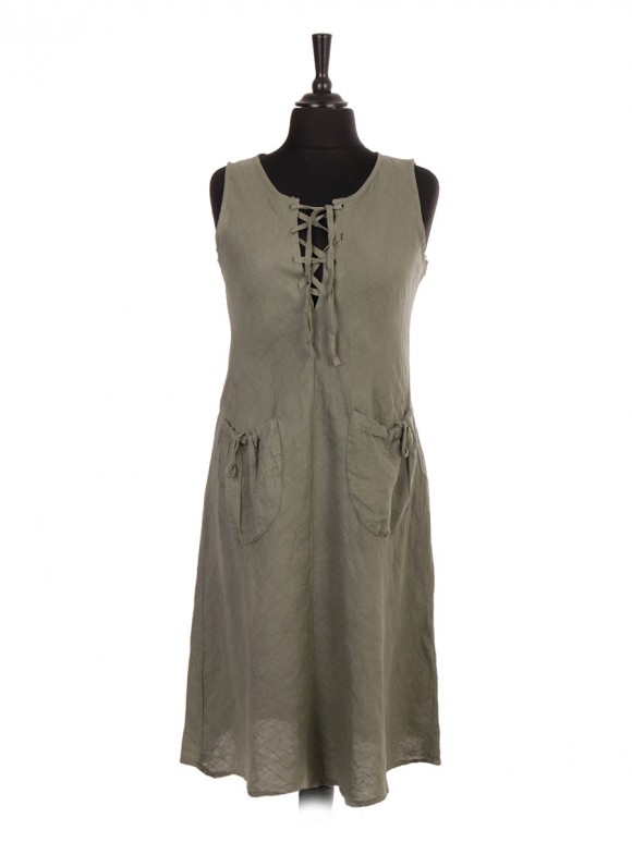 Italian Sleeveless Lagenlook Linen Dress With Elasticated Front Pockets