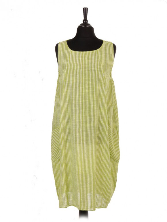Italian Sleeveless Stripy Print Lagenlook Dress With Front Pockets
