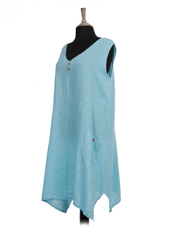 Italian Sleeveless V-Neck Linen Dress with Front Pockets