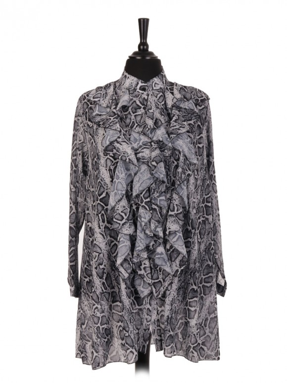 Italian Snake Skin Print Ruffle Blouse With Front Button Fastening