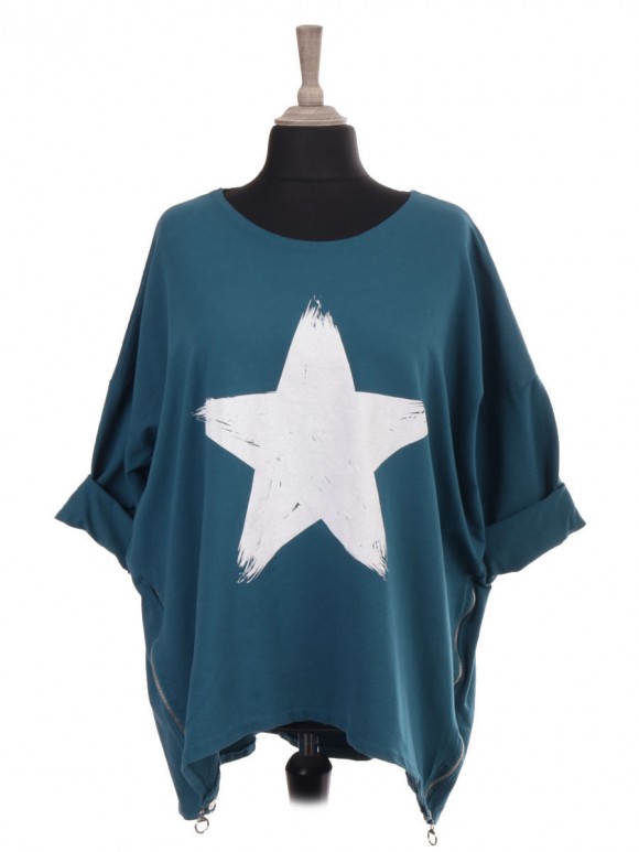 Italian Star Print Dip Hem Top With Side Zip Detail