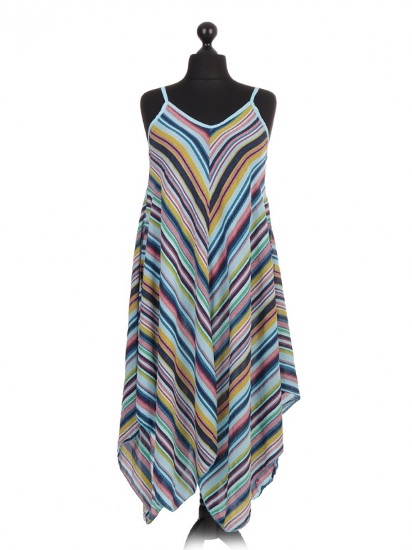 Italian Stripe Printed Dress With Fluid Handkerchief Hem