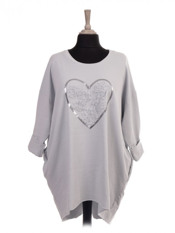 Italian Tape Embroidered Flowers and Heart Sequin Top