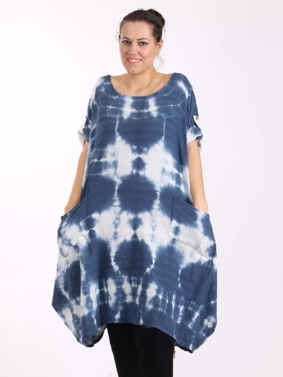 Italian Tie dye front pocket quirky linen dress-Denim