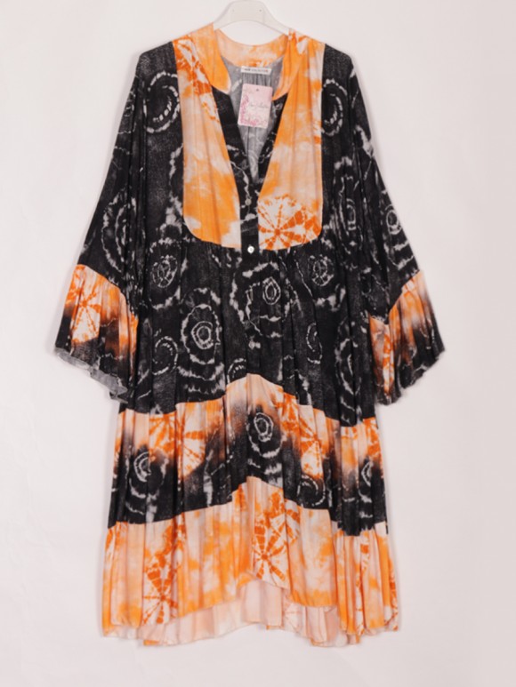 Italian Tie Dye Print Satin Tiered Smock Dress