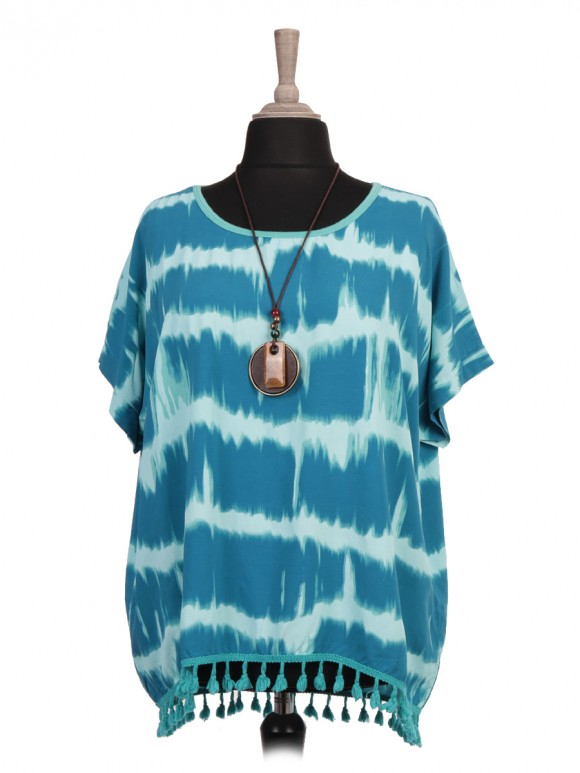 Italian Tie Dye Print Tassel Hem Top With Necklace