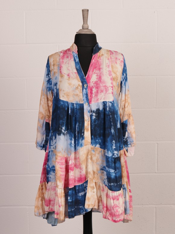 Italian Tie Dye Printed Bell Sleeves Tiered Dress