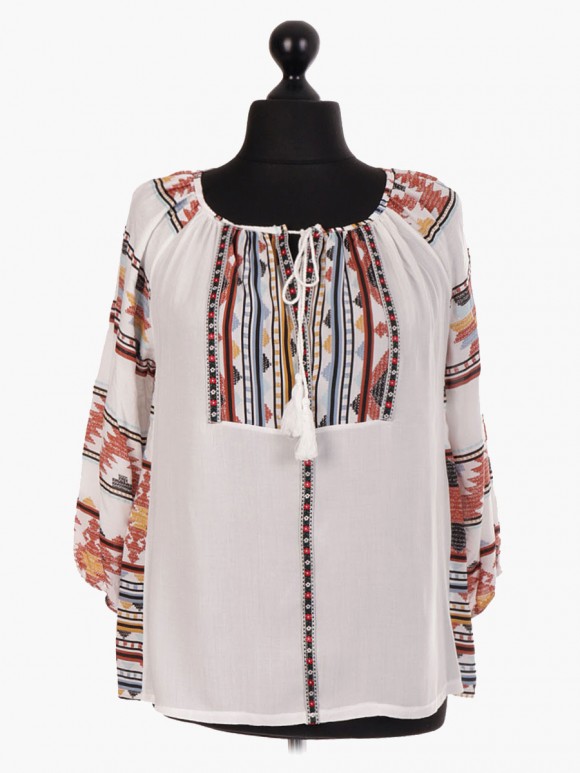 Italian Tribal Print Tassel Neck Blouse