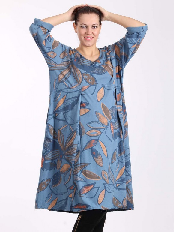 Italian Tropical Quirky Cotton Dress With Pleated Hem Detail-Denim
